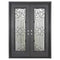 Double entryway doors made with a thick iron and steel frame and two full-panel windows behind an intricate iron design. Doors are thermally broken to protect from extreme weather.