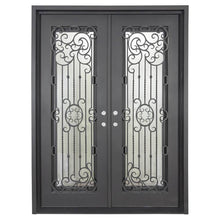 Load image into Gallery viewer, Double entryway doors made with a thick iron and steel frame and two full-panel windows behind an intricate iron design. Doors are thermally broken to protect from extreme weather.