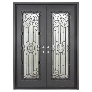 Double entryway doors made with a thick iron and steel frame and two full-panel windows behind an intricate iron design. Doors are thermally broken to protect from extreme weather.