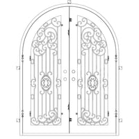 Double entryway doors made with a thick iron and steel frame and two full-panel windows behind an intricate iron design, and a full arch on top. Doors are thermally broken to protect from extreme weather.
