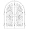 Double entryway doors made of black iron and steel with a large window and an intricate iron design