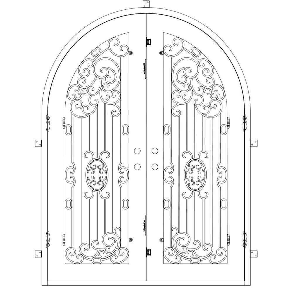 Double entryway doors made of black iron and steel with a large window and an intricate iron design