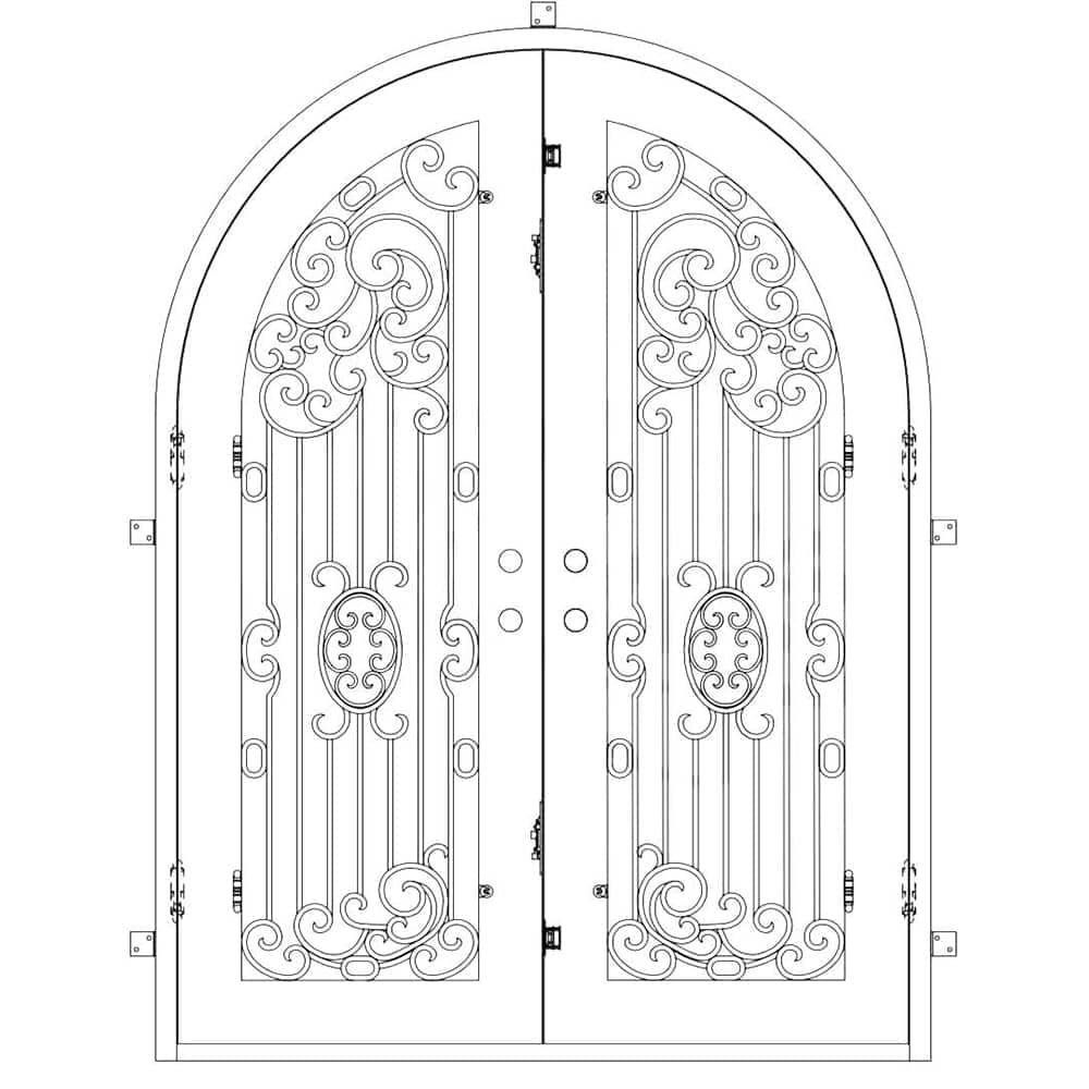 Double entryway doors made with a thick iron and steel frame and two full-panel windows behind an intricate iron design, and a full arch on top. Doors are thermally broken to protect from extreme weather.