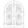 Double entryway doors made with a thick iron and steel frame and two full-panel windows behind an intricate iron design, and a full arch on top. Doors are thermally broken to protect from extreme weather.