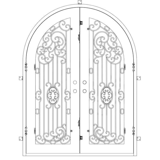 Double entryway doors made with a thick iron and steel frame and two full-panel windows behind an intricate iron design, and a full arch on top. Doors are thermally broken to protect from extreme weather.