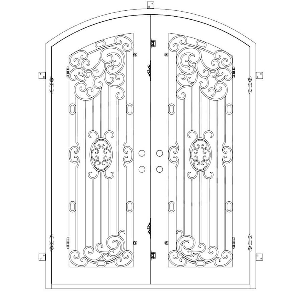 Blackbird bronze hued arch top iron double door with glass.
