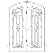 Blackbird bronze hued arch top iron double door with glass.
