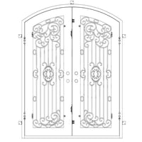 Double entryway doors made with a thick iron and steel frame, two full-panel windows behind an intricate iron design, and a slight arch at the top. Doors are thermally broken to protect from extreme weather.