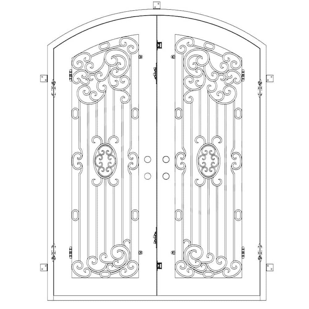 Double entryway doors made with a thick iron and steel frame, two full-panel windows behind an intricate iron design, and a slight arch at the top. Doors are thermally broken to protect from extreme weather.