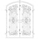 Double entryway doors made with a thick iron and steel frame, two full-panel windows behind an intricate iron design, and a slight arch at the top. Doors are thermally broken to protect from extreme weather.