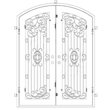 Load image into Gallery viewer, Double entryway doors made with a thick iron and steel frame, two full-panel windows behind an intricate iron design, and a slight arch at the top. Doors are thermally broken to protect from extreme weather.