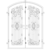 Double entryway doors made with a thick iron and steel frame, two full-panel windows behind an intricate iron design, and a slight arch at the top. Doors are thermally broken to protect from extreme weather.