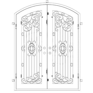 Double entryway doors made with a thick iron and steel frame, two full-panel windows behind an intricate iron design, and a slight arch at the top. Doors are thermally broken to protect from extreme weather.