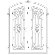 Load image into Gallery viewer, Double entryway doors made of black iron and steel with a large window and an intricate iron design