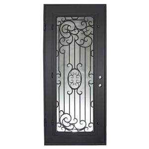 Single entryway door made with a thick iron and steel frame and a full-length glass panel behind an intricate iron design. Door is thermally broken to protect from extreme weather.