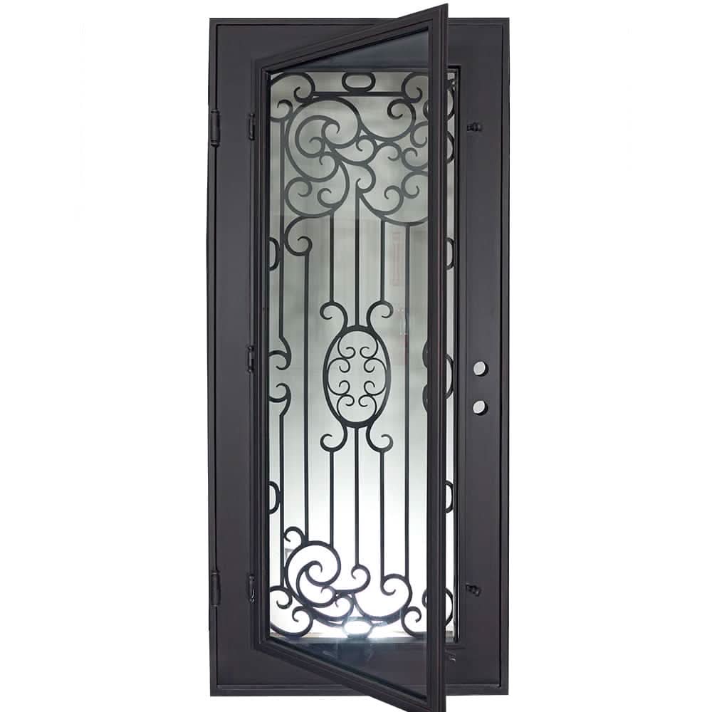 Blackbird Black exterior wrought iron flat top single swing door with tempered glass.