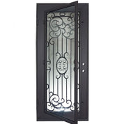 Blackbird Black exterior wrought iron flat top single swing door with tempered glass.