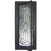 Single entryway door made with a thick iron and steel frame and a full-length glass panel behind an intricate iron design. Door is thermally broken to protect from extreme weather.