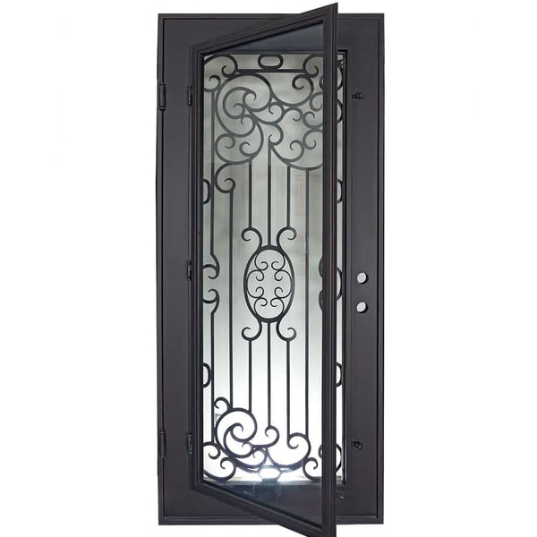 Blackbird straight top single metal door with thermal barrier in bronze color.