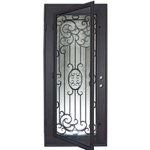 Load image into Gallery viewer, Single entryway door made with a thick iron and steel frame and a full-length glass panel behind an intricate iron design. Door is thermally broken to protect from extreme weather.