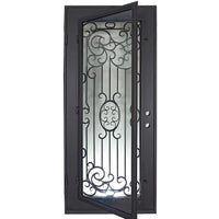 Single entryway door made with a thick iron and steel frame and a full-length glass panel behind an intricate iron design. Door is thermally broken to protect from extreme weather.