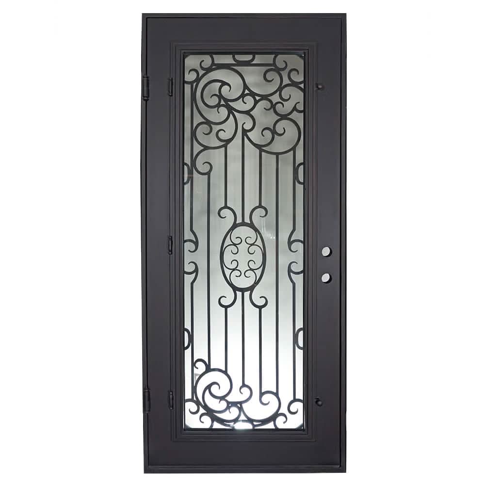 Blackbird Single flat top door with double-pane tempered glass and decorative metalwork.