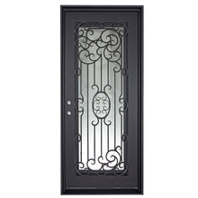 Load image into Gallery viewer, Single entryway door made with a thick iron and steel frame and a full-length glass panel behind an intricate iron design. Door is thermally broken to protect from extreme weather.