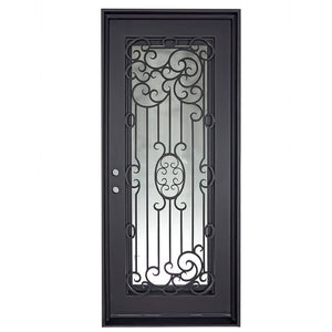 Single entryway door made with a thick iron and steel frame and a full-length glass panel behind an intricate iron design. Door is thermally broken to protect from extreme weather.