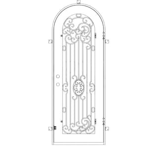 Single entryway door made with a thick iron and steel frame, a full arch on top and a full-length glass panel behind an intricate iron design. Door is thermally broken to protect from extreme weather.