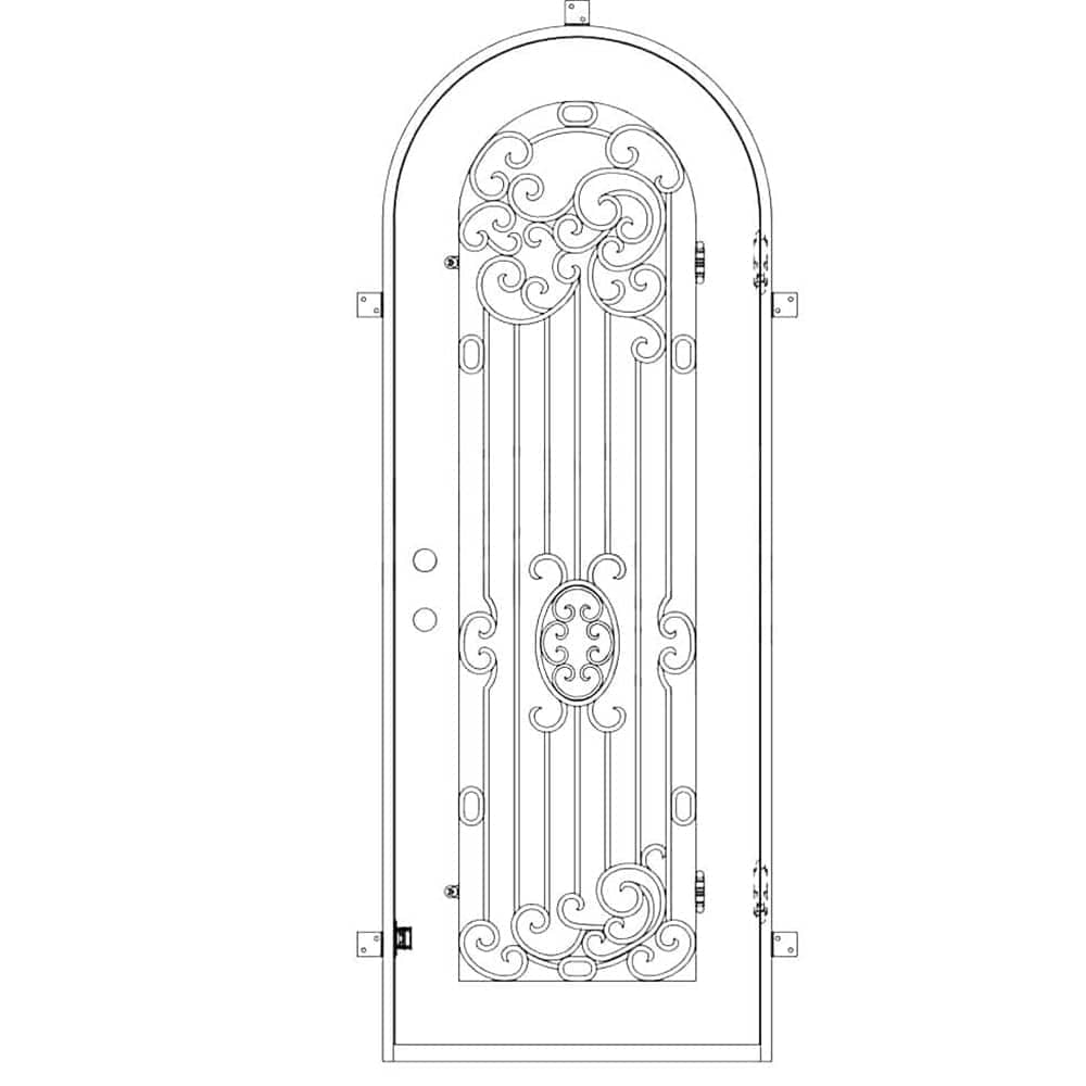 Single entryway door made with a thick iron and steel frame, a full arch on top and a full-length glass panel behind an intricate iron design. Door is thermally broken to protect from extreme weather.