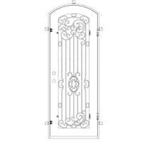 Single entryway door made with a thick iron and steel frame and a full-length glass panel behind an intricate iron design and a slight arch on top. Door is thermally broken to protect from extreme weather.