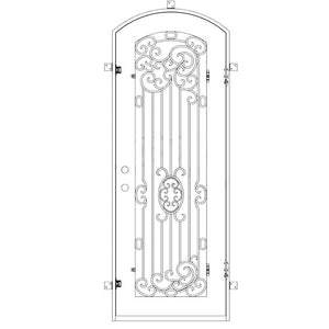 Single entryway door made with a thick iron and steel frame and a full-length glass panel behind an intricate iron design and a slight arch on top. Door is thermally broken to protect from extreme weather.