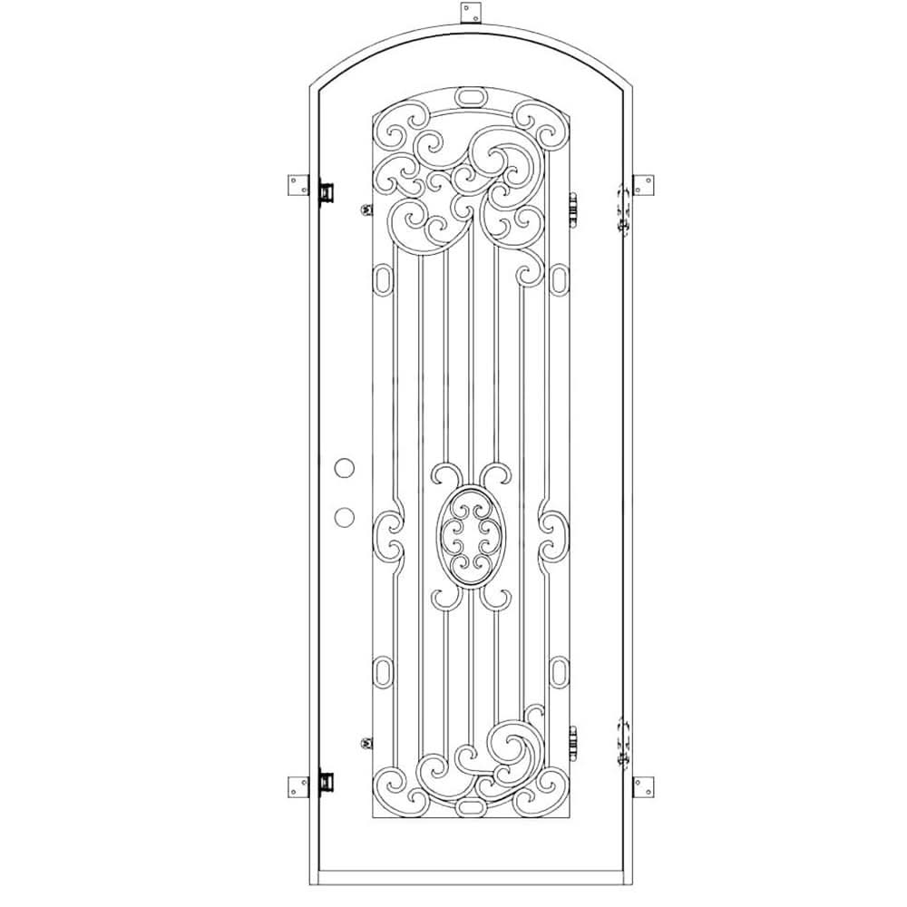 Single entryway door made with a thick iron and steel frame and a full-length glass panel behind an intricate iron design.