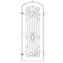 Load image into Gallery viewer, Single entryway door made with a thick iron and steel frame and a full-length glass panel behind an intricate iron design and a slight arch on top. Door is thermally broken to protect from extreme weather.