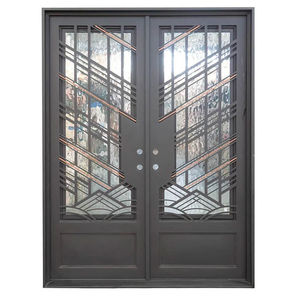 Deco 76 black iron double door with square top and double tempered glass.
