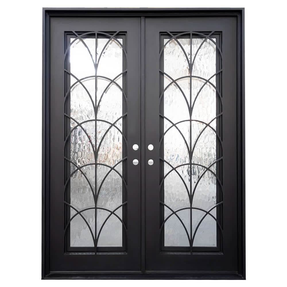 Deco O black metal double flat swing door with dual-pane energy efficient glass.