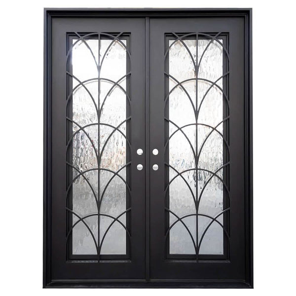 Deco O black metal double flat swing door with dual-pane energy efficient glass.