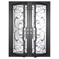 Double doors for an entryway made with a thick iron and steel frame and full paneled windows behind an intricate iron design. Doors are thermally broken to protect from extreme weather.