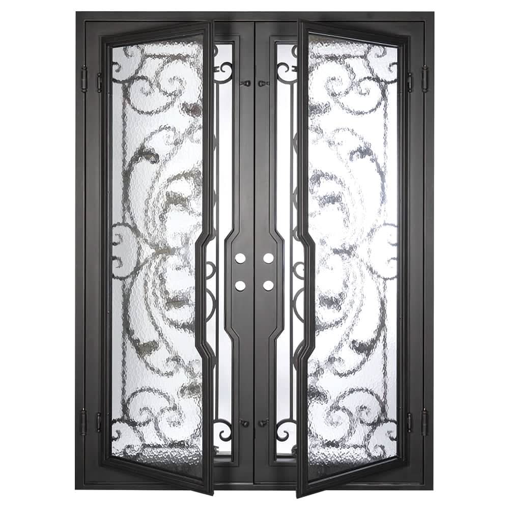 Dream pre-hung black metal double door with flat top and glass.