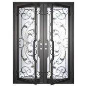 Dream pre-hung black metal double door with flat top and glass.