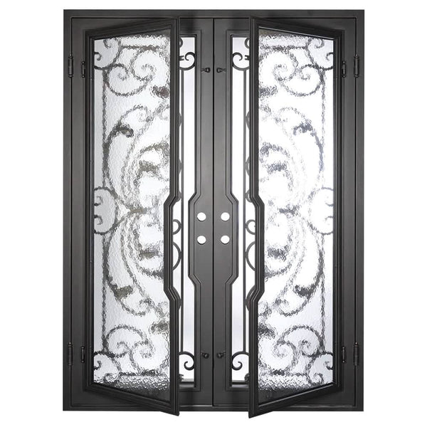 Dream pre-hung black metal double door with flat top and glass.
