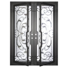 Load image into Gallery viewer, Double entryway doors made with a thick iron and steel frame and a full-length glass panel behind an intricate iron design.