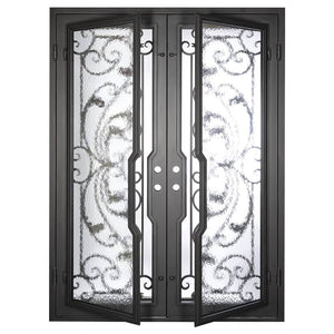 Double entryway doors made with a thick iron and steel frame and a full-length glass panel behind an intricate iron design.