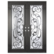Double doors for an entryway made with a thick iron and steel frame and full paneled windows behind an intricate iron design. Doors are thermally broken to protect from extreme weather.