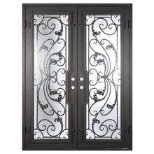 Load image into Gallery viewer, Double doors for an entryway made with a thick iron and steel frame and full paneled windows behind an intricate iron design. Doors are thermally broken to protect from extreme weather.