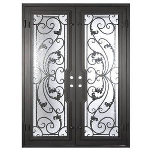 Double doors for an entryway made with a thick iron and steel frame and full paneled windows behind an intricate iron design. Doors are thermally broken to protect from extreme weather.