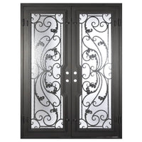 Double entryway doors made with a thick iron and steel frame and a full-length glass panel behind an intricate iron design.