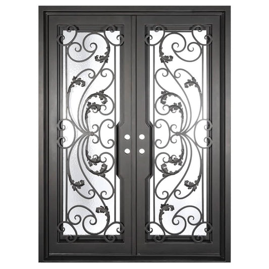 Double doors for an entryway made with a thick iron and steel frame and full paneled windows behind an intricate iron design. Doors are thermally broken to protect from extreme weather.