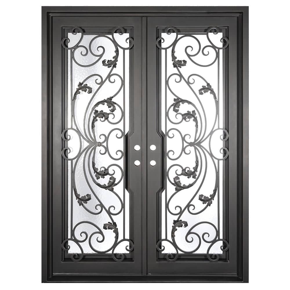 Double doors for an entryway made with a thick iron and steel frame and full paneled windows behind an intricate iron design. Doors are thermally broken to protect from extreme weather.