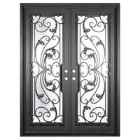Double doors for an entryway made with a thick iron and steel frame and full paneled windows behind an intricate iron design. Doors are thermally broken to protect from extreme weather.